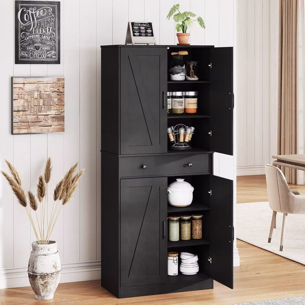 Costway Black Wooden Kitchen Pantry Farmhouse Cupboard Cabinet with Drawer and Soft Close Doors, Height: 183 cm – 3