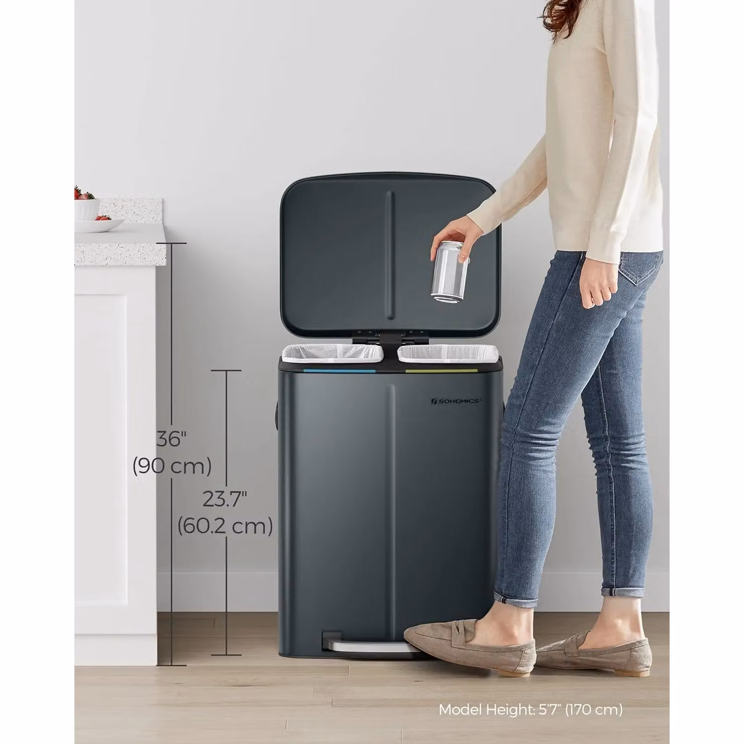 SONGMICS Dual Compartment Metal Pedal Kitchen Bin with Soft Close and Removable Inner Buckets in Anthracite Grey – 2
