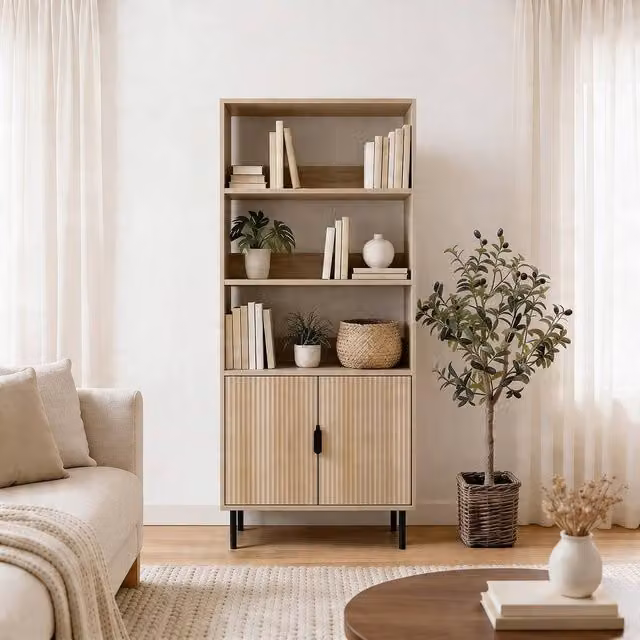 OHS Modern Ribbed Display Unit with Drawers and Shelving in Light Oak Brown