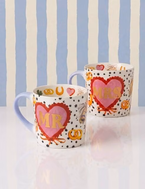 Eleanor Bowmer Mr & Mrs Heart Ceramic Mugs, Set of 2, White and Multicolour