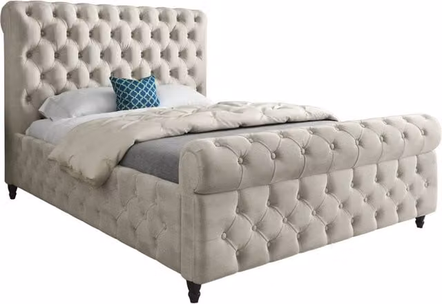 KDMD Nestling Sleigh Upholstered Soft Velvet Designer Bed Frame in Cream, Size: Single (90 x 200 cm) – 1