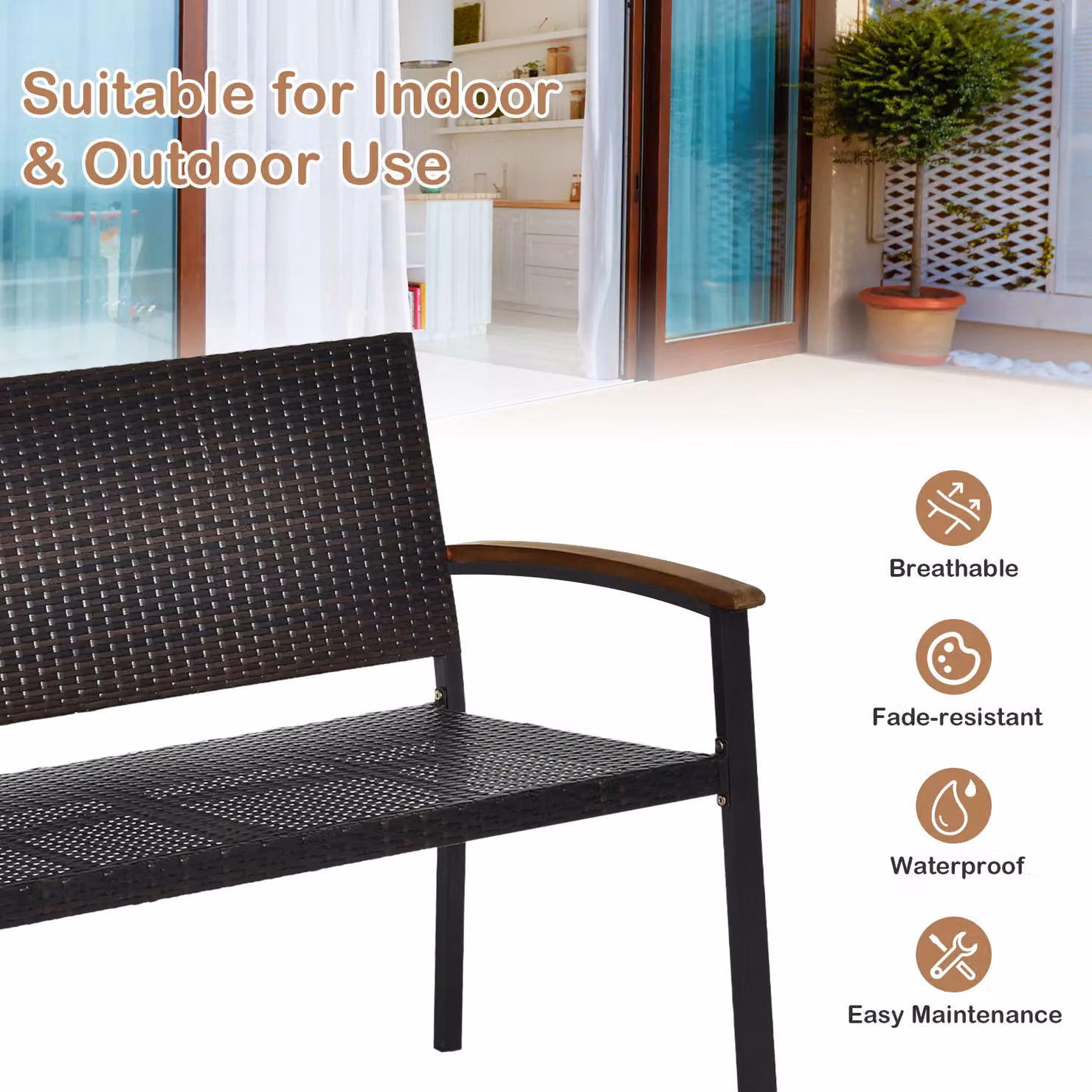 Costway Dark Brown All-Weather PE Wicker Stackable Outdoor Garden Loveseat Bench – 4