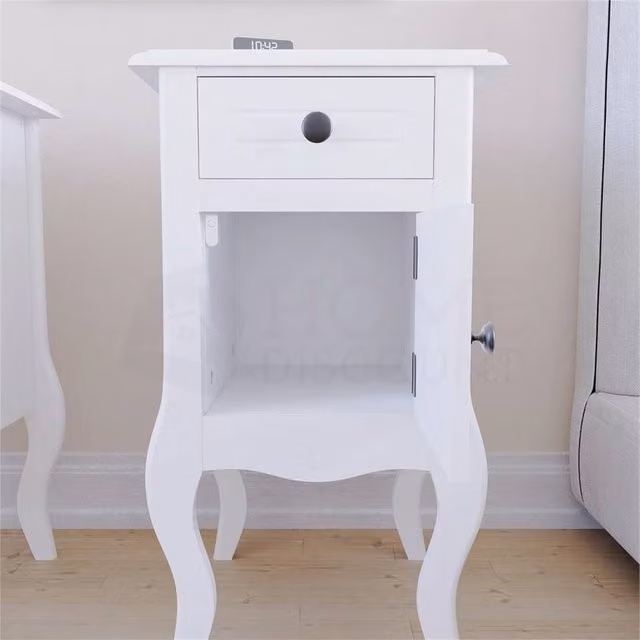 Kelvenix White Lacquered Shabby Chic Bedside Table Cabinet