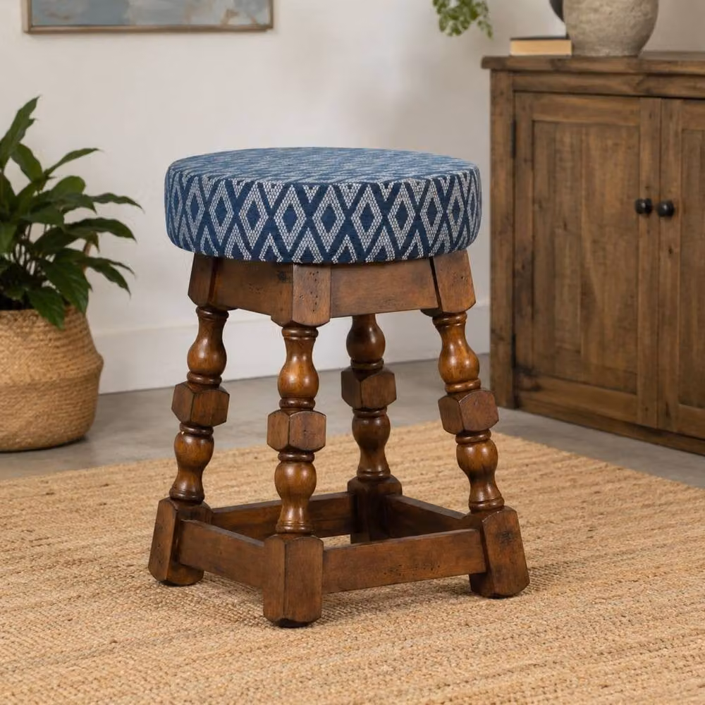 netfurniture Closo Classic Low Bar Stool Pack of 2, Dark Wood with Blue Diamond Fabric Seat – 2