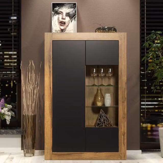 Creative Furniture Arcadia Modern Display Cabinet in Dark Oak and Black Matt with Glass Doors, W: 140 cm, H: 93 cm, D: 35 cm