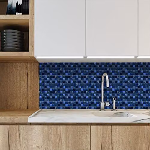 WALPLUS Pearl Noir Blue Geometric Mosaic Tile Stickers, 24 Pack, W/D/H: 15 x 15 x 0.54 cm – 3