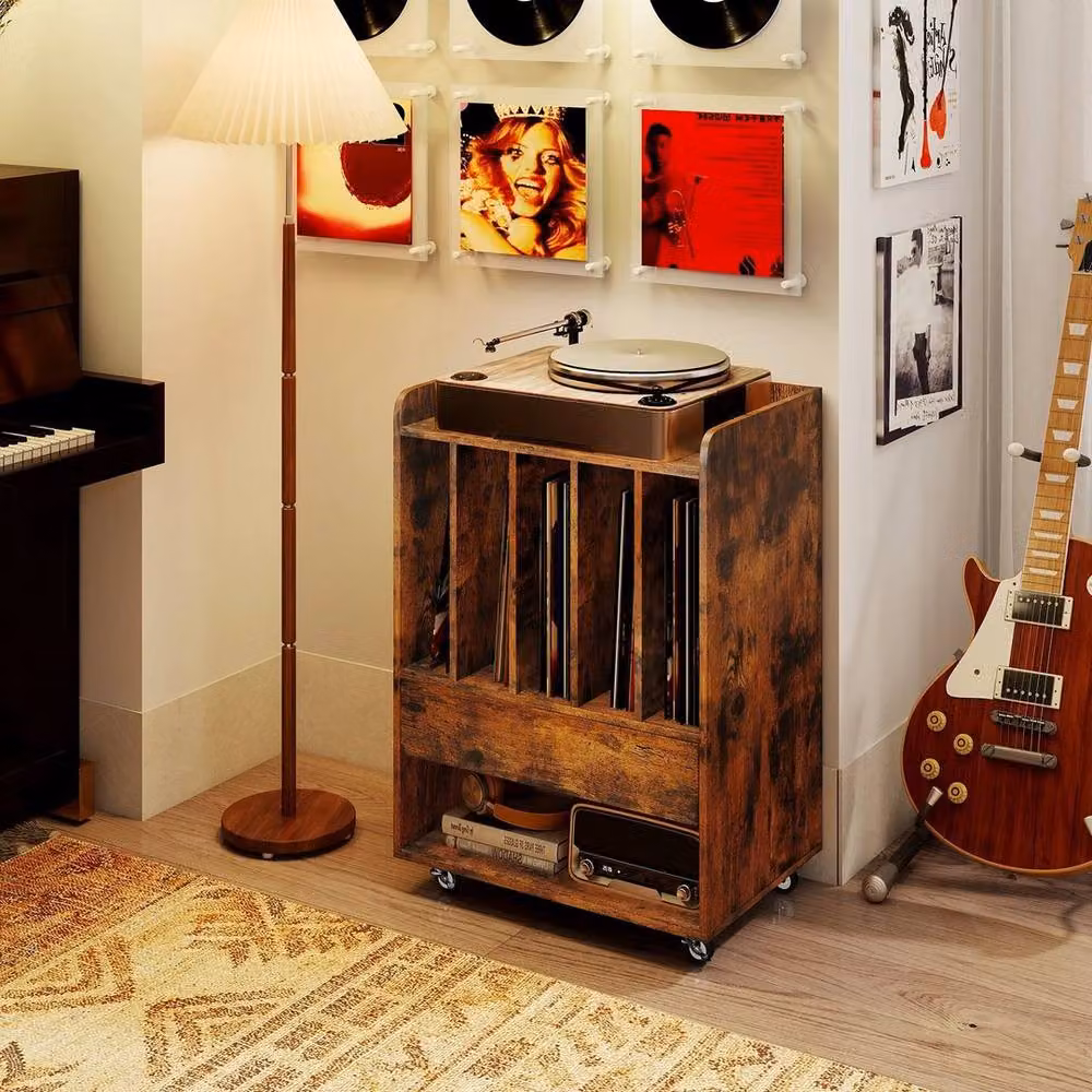 KORVIXA Brown Wood Record Player Stand with Lockable Castors, W/D/H: 100 x 73 x 100 cm – 3
