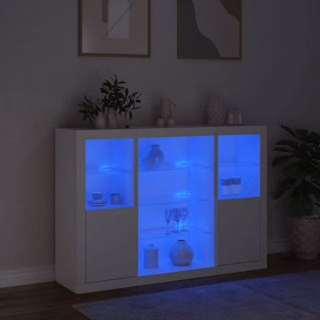 Berkfield Home Set of 3 Modern White Engineered Wood Sideboards with Integrated LED Lighting and Glass Details
