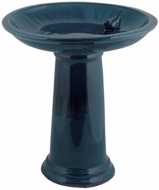Primrose Round Ceramic Bird Bath in Petrol Blue