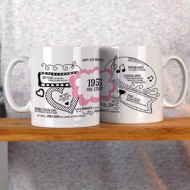 Afewhometruths Personalised 70th Birthday 1956 Milestone Mug in Baby Pink and White