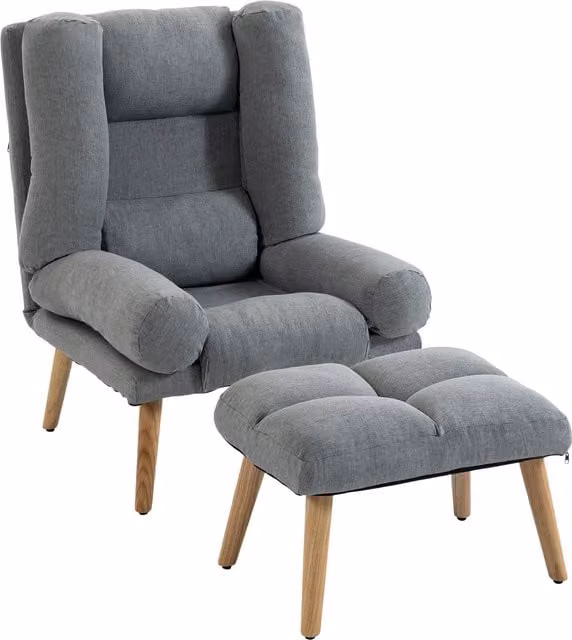 HOMCOM Grey Fabric Recliner Armchair with Matching Footstool and Wooden Legs