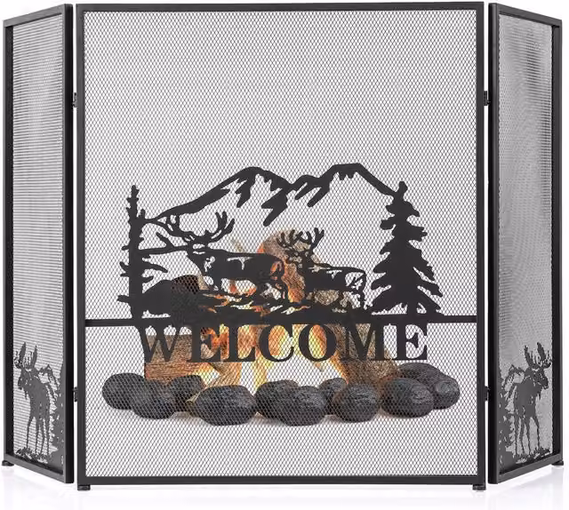 Costway 3-Panel Folding Fireplace Spark Guard with Natural Scenery and Moose Pattern, Black, W: 132 cm, H: 79 cm, D: 79 cm – 1
