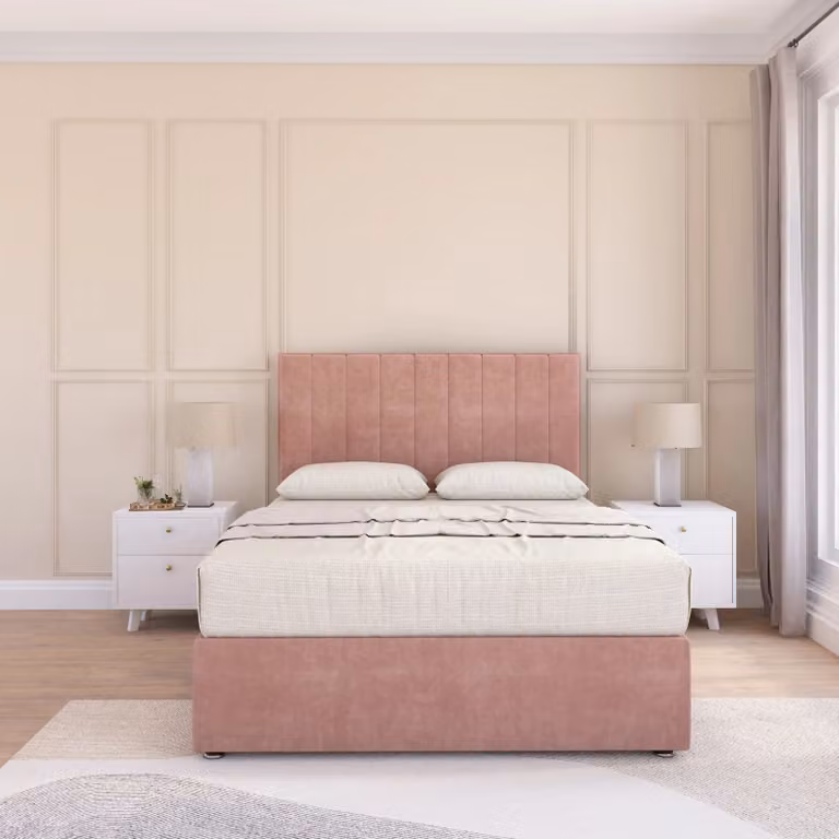 Sloomy Kansas Small Single Divan Bed Base with 54 inch Floor Standing Headboard in Pink Velvet Fabric