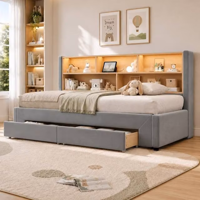Matteo Extendable Grey Velvet Daybed with LED Lighting, USB Charging Port and Drawers, W/D/H: 190 x 90 x 42 cm – 1