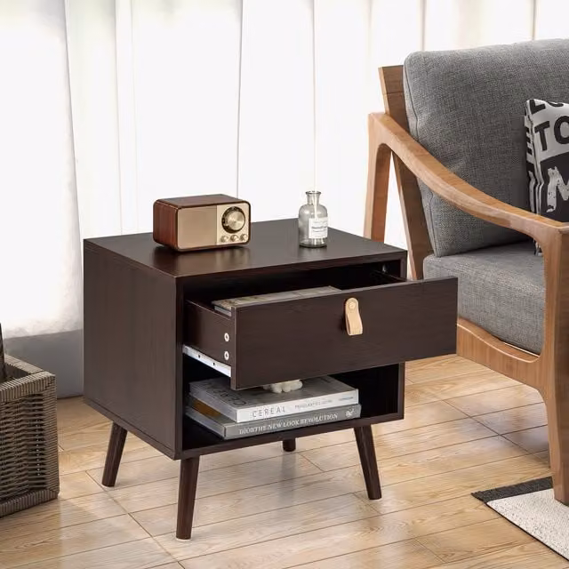 COSTWAY Mid-Century Wood Bedside Table in Brown
