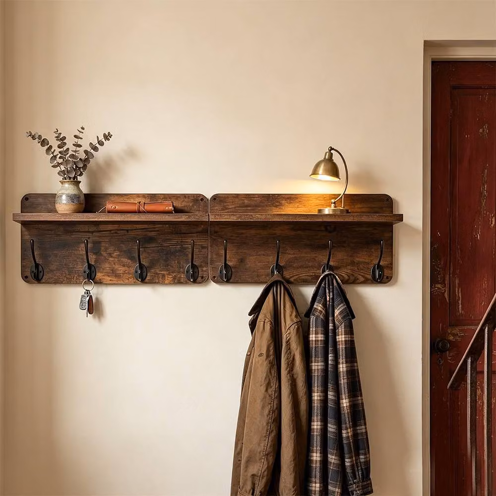 Ventryn 2 Piece Set of Rustic Brown Wooden Wall Mounted Coat Racks with 8 Heavy Duty Hooks – 4