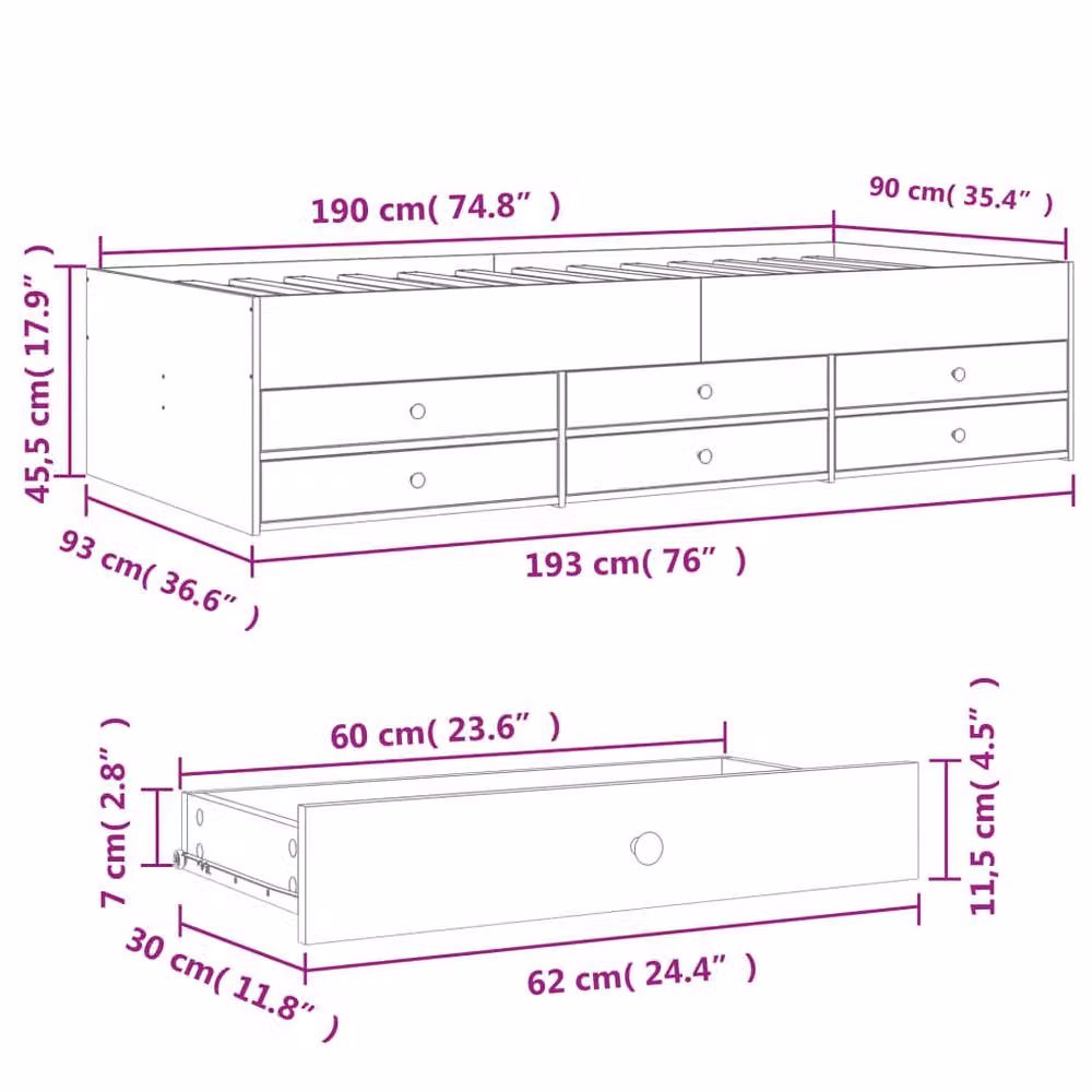 Berkfield Home Single Daybed with Drawers in Grey Sonoma, W/D/H: 90 x 190 cm – 3