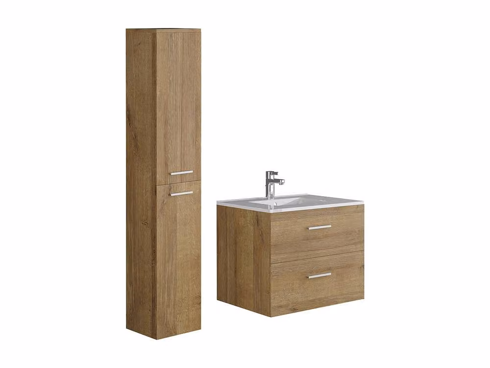 Vente-unique Modern Wall-Mounted Bathroom Unit with Single Basin, Tall Cabinet and Storage Column in Light Oak – 2