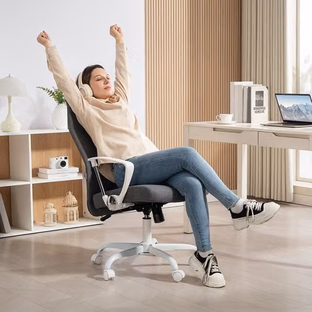 HOMCOM Grey Fabric High Back Office Task Chair with Headrest and Armrests