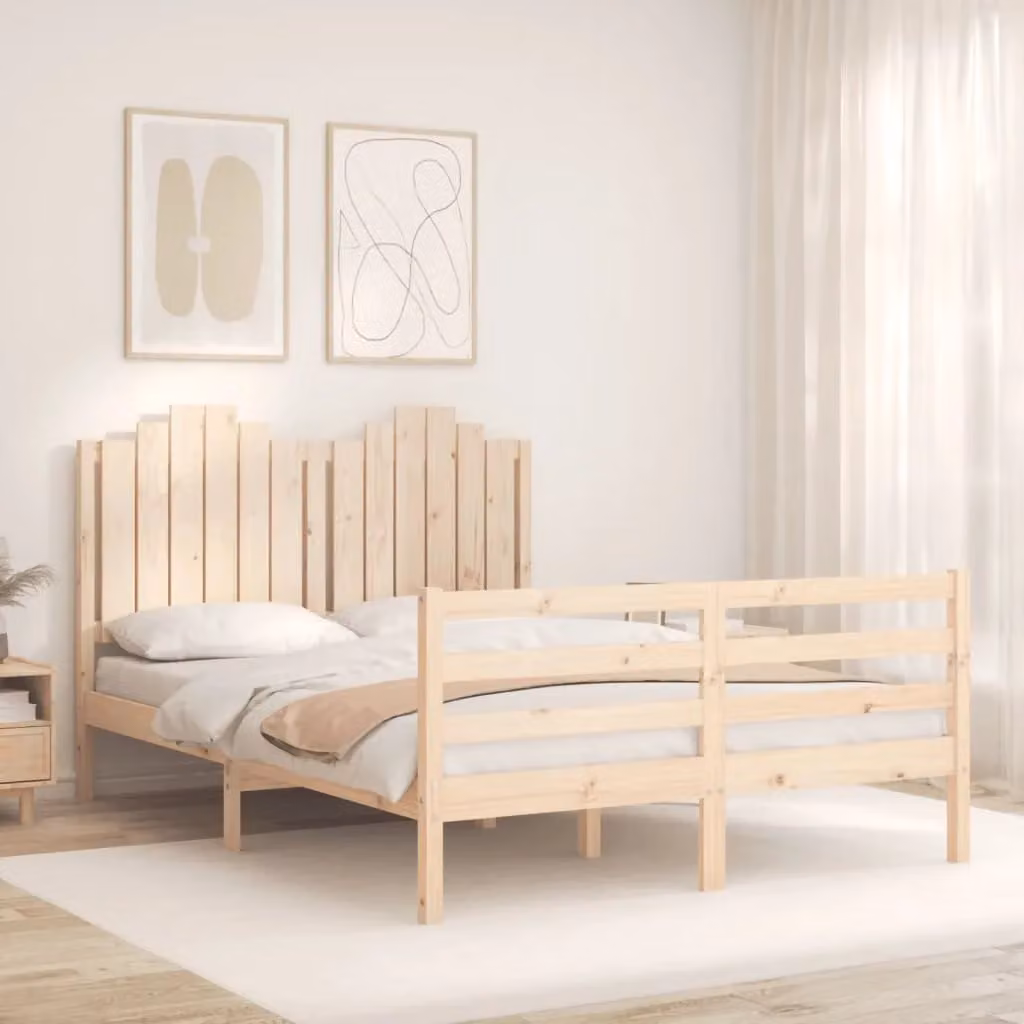 Berkfield Home Double Solid Pine Wood Bed Frame with Headboard in Brown, 140 x 200 cm