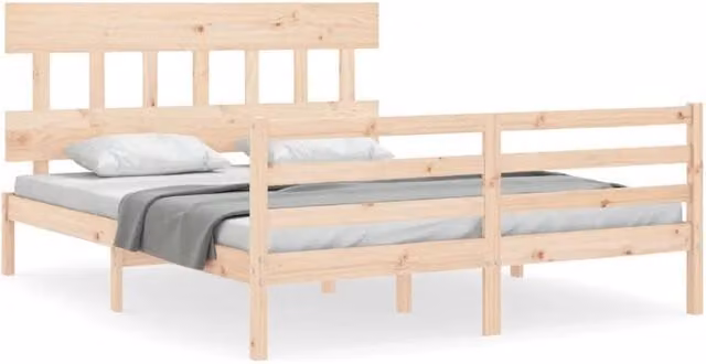 Berkfield Home Solid Wood Bed Frame with Headboard in Natural Pine, W: 160 cm, L: 200 cm