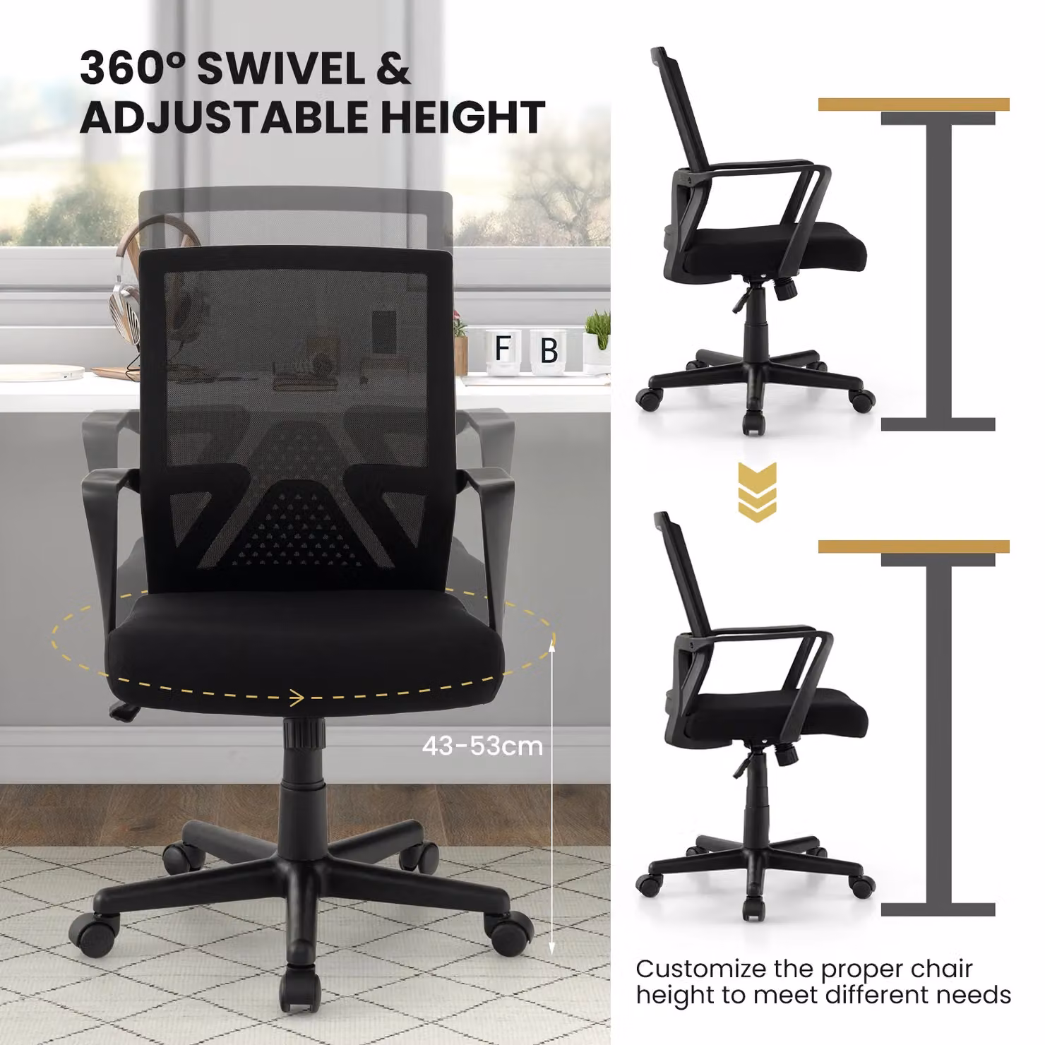 Gymax Ergonomic Home Office Desk Chair with Lumbar Support and Armrests in Black – 4