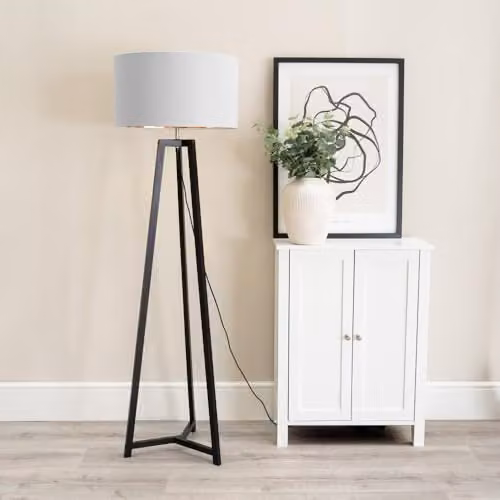 ValueLights Black Wood Tripod Floor Lamp with Grey and Gold Drum Lampshade and Included LED Bulb – 2