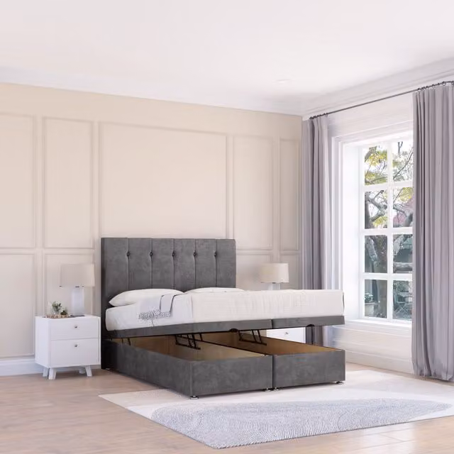 Sloomy Highbury Double Ottoman Bed with Sprung Memory Mattress and 26 Inch Strut Headboard in Dark Grey, W/D/H: 140 x 200 cm
