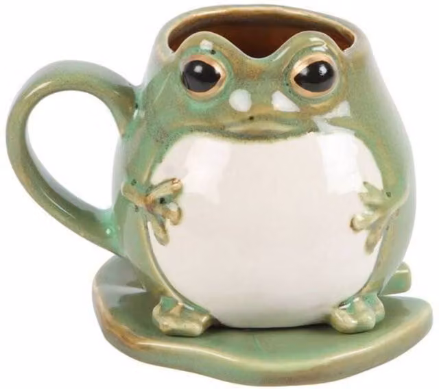 KDMD Green Ceramic Frog Shaped Mug and Lily Pad Saucer Set