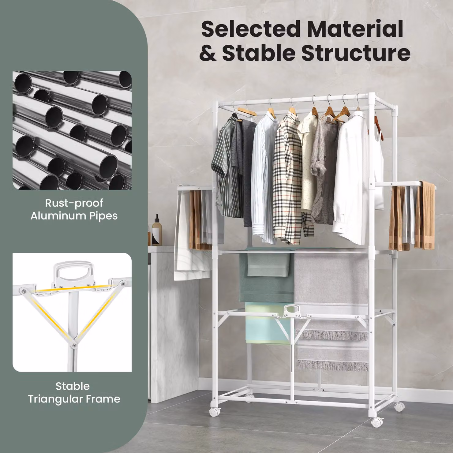 Costway H-shaped Collapsible Clothes Drying Rack with Lockable Wheels in White – 3