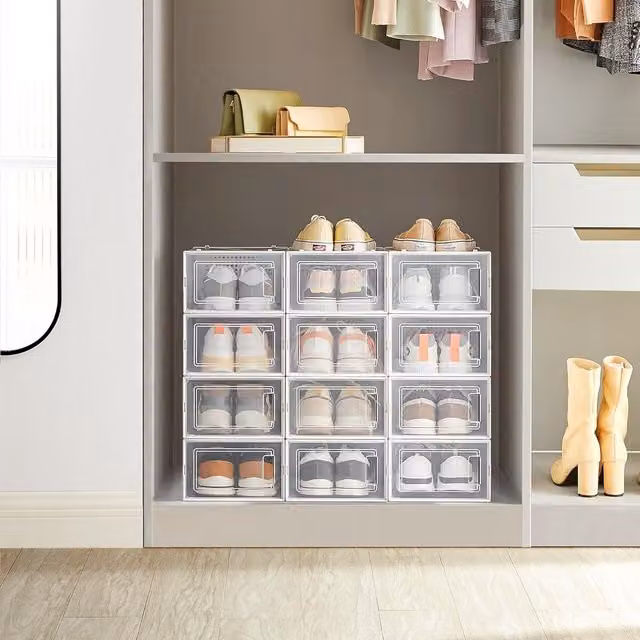 SONGMICS Pack of 15 Stackable and Foldable Small Shoe Storage Organisers in White and Transparent