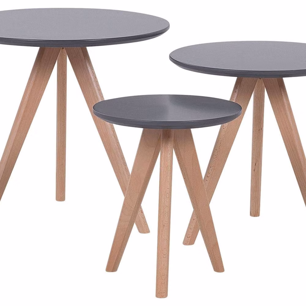 Wyld and Coco Nest of 3 Round Tables with Grey MDF Tops and Beech Legs – 2