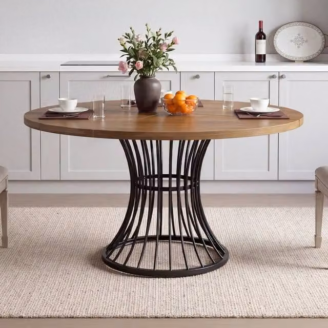 Levede Round Dining Table in Brown with Metal Base for 4-6 People, Diameter: 120 cm