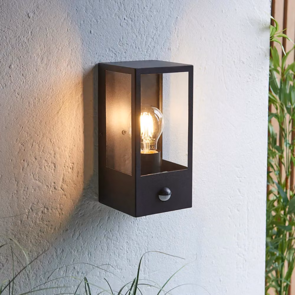 Loops Matt Black Outdoor Wall Light with PIR Motion Sensor and Clear Glass Rectangular Lantern – 3
