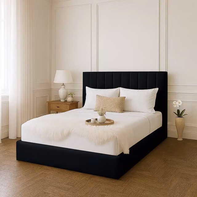Desire Deco Gloria Upholstered Velvet Bed Frame, Black, 200 x 200 cm