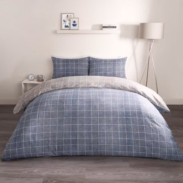 OHS Blue Checked Duvet Cover and Pillowcase Set, 200 x 200 cm