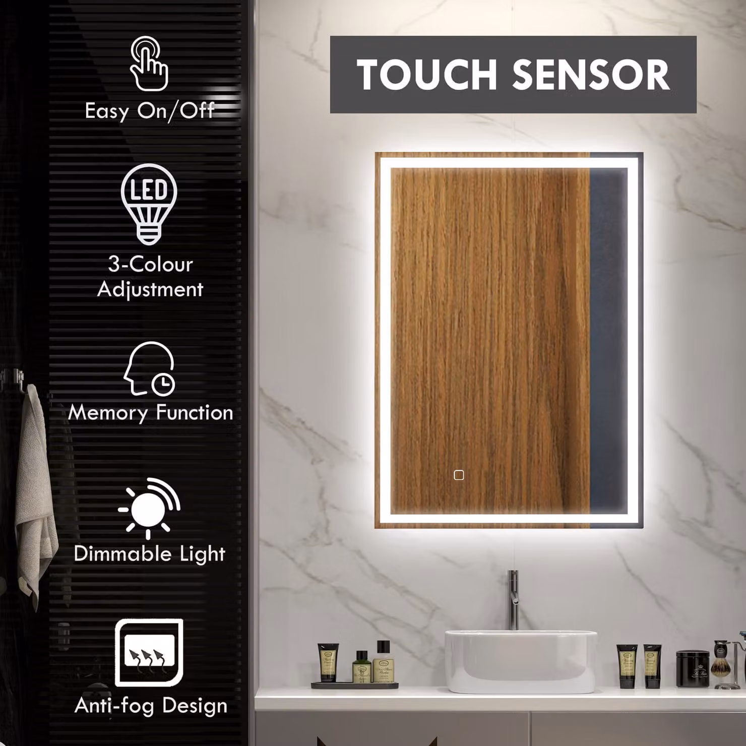 HOMCOM LED Bathroom Mirror with Dimmable Lights, 3 Colour Smart Touch Anti-Fog Vanity Mirror, W: 70 cm, H: 70 cm, White/Silver – 3