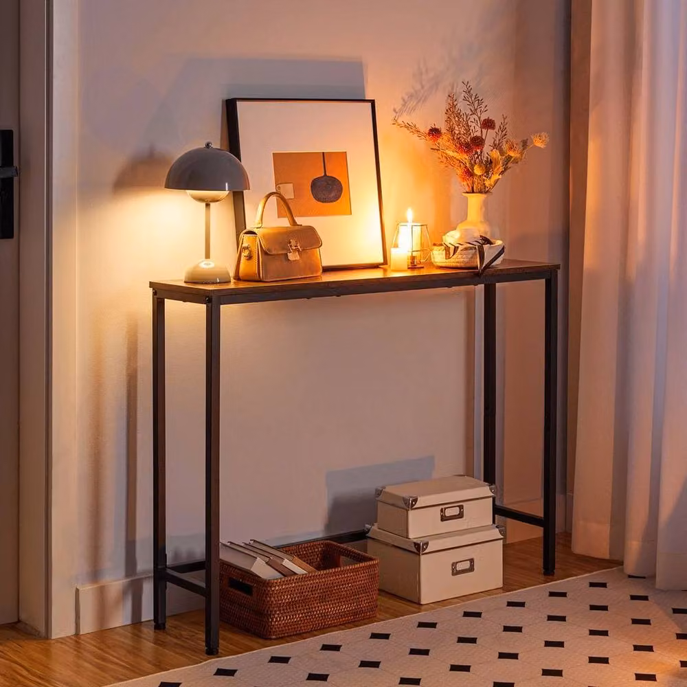 NESTLUNE Industrial Brown Wood Console Table, W: 100 cm, D: 15 cm, H: 75 cm – 4