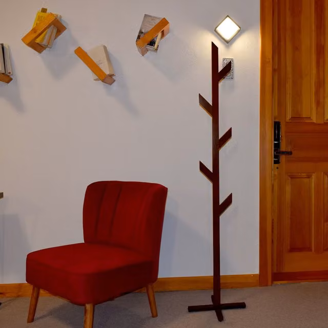 Arbrano Handmade Solid Beech Wood Free Standing Coat Rack in Brown Lacquered Finish