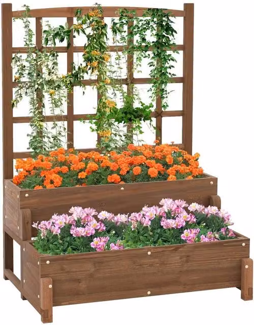 VOGREX 2-Tier Wooden Raised Garden Bed in Brown, W/D/H: 121 x 67 x 67 cm