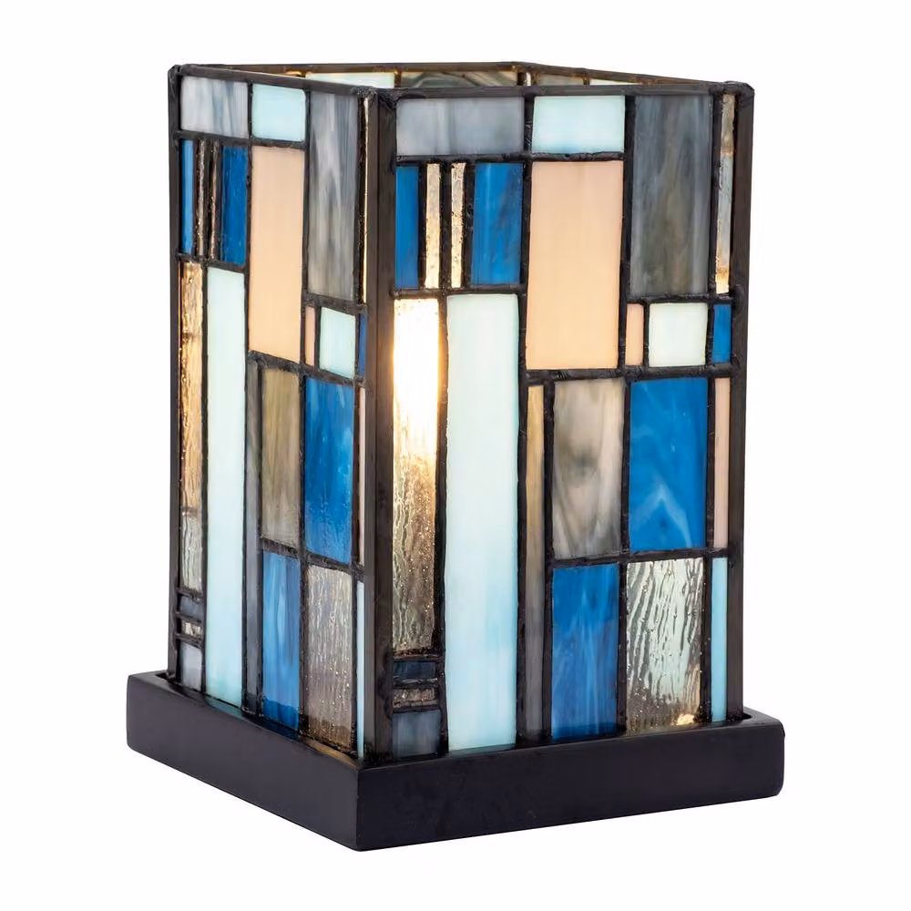 Happy Homewares Art Deco Tiffany Table Lamp in Blue Stained Glass and Black Metal, H: 40 cm, W: 20 cm, D: 13 cm – 2