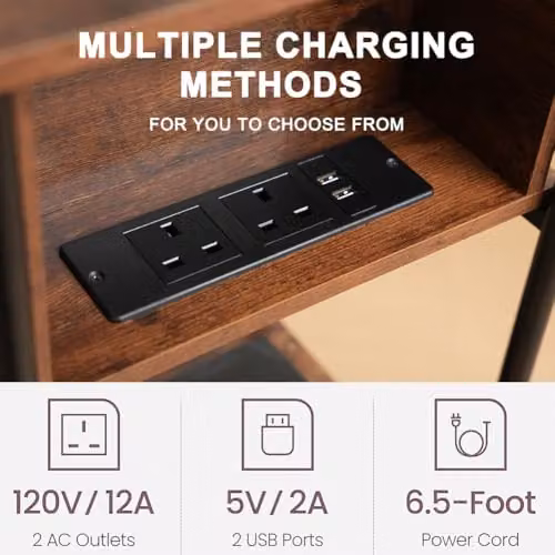 Alivio Slim Side Table with Charging Station and 2 AC Outlets, Brown, W/D/H: 30 x 34 x 58 cm – 5