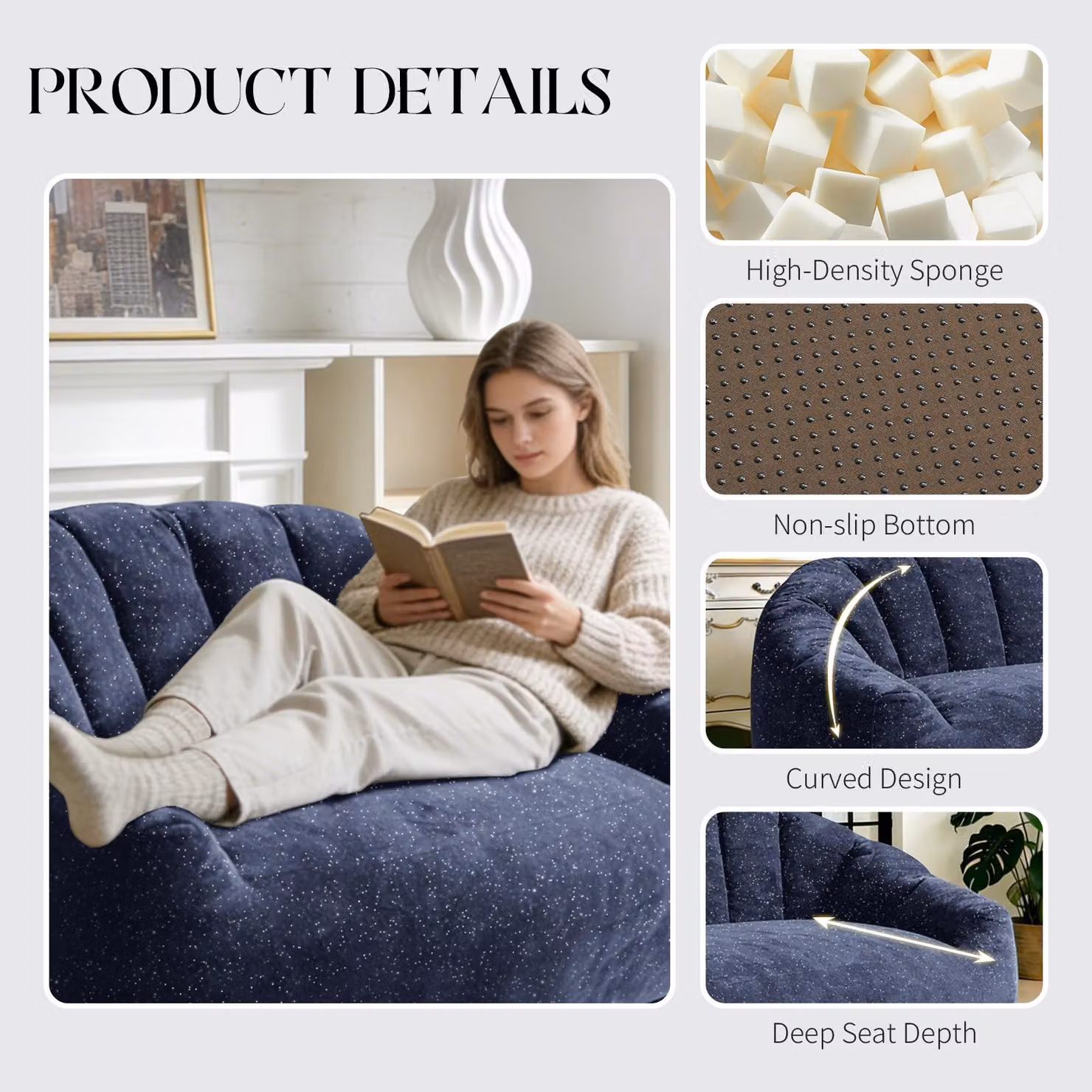 Aosom UK Plush 2-Seater Bean Bag Sofa with High Density Sponge in Blue, W: 98 cm, D: 140 cm, H: 61 cm – 6