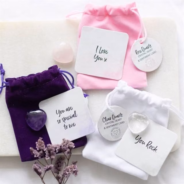 KDMK Set of Lucky Crystal Heart Stones in Multicolour with Display Box and Sentiment Cards