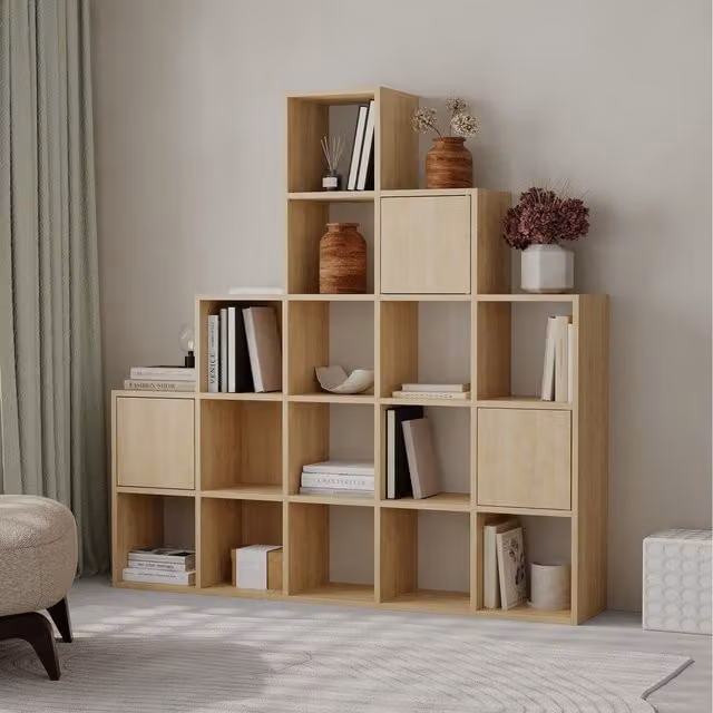 Decortie Modern Paleo Corner Bookcase Set Storage Unit in Oak Brown