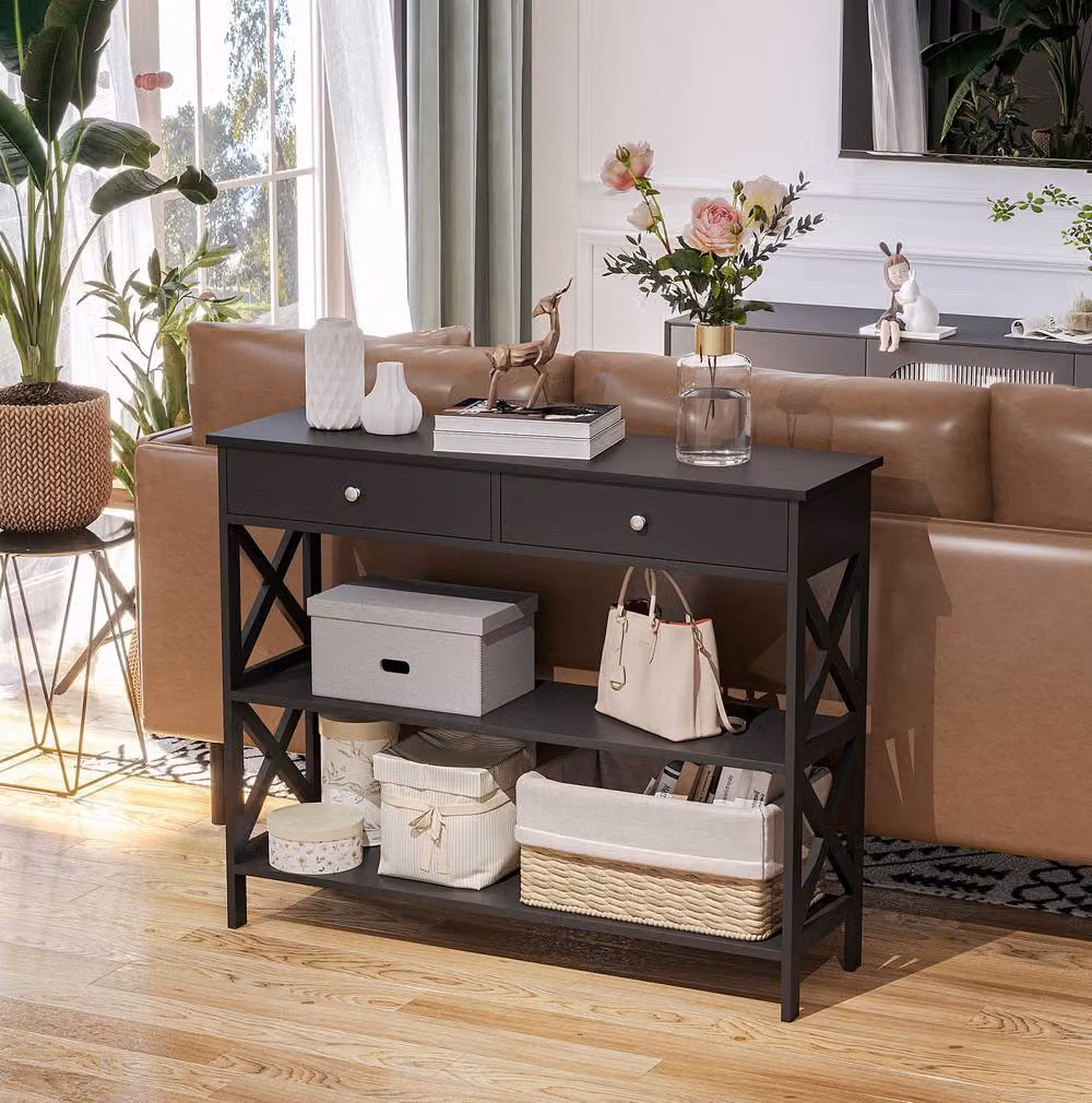 STILVORA Modern Black Console Table with 2 Drawers and Shelves – 2