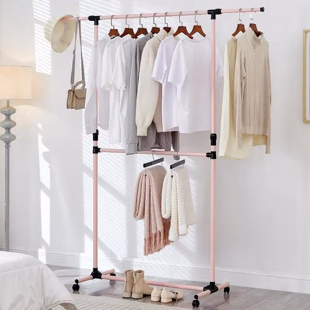 House Of Home Pink Metal 2 Tier Clothes Rail with Wheels, H: 198 cm, H: 101 cm