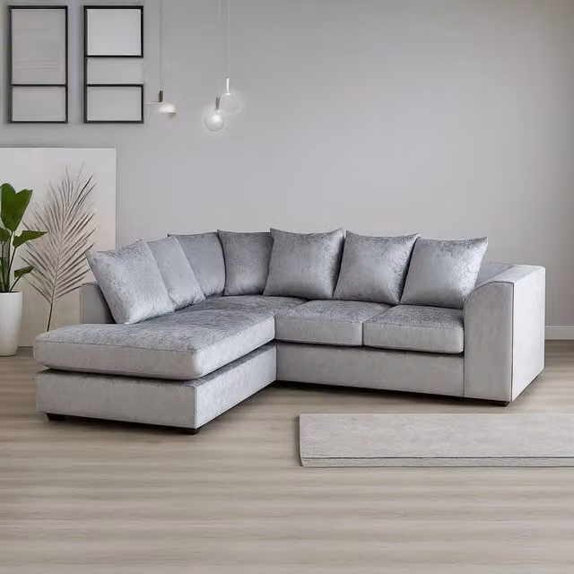 Furnishings For Less UK Crystal Crushed Velvet 3 to 4 Seater L Shaped Corner Sofa, Left Hand Facing, Silver