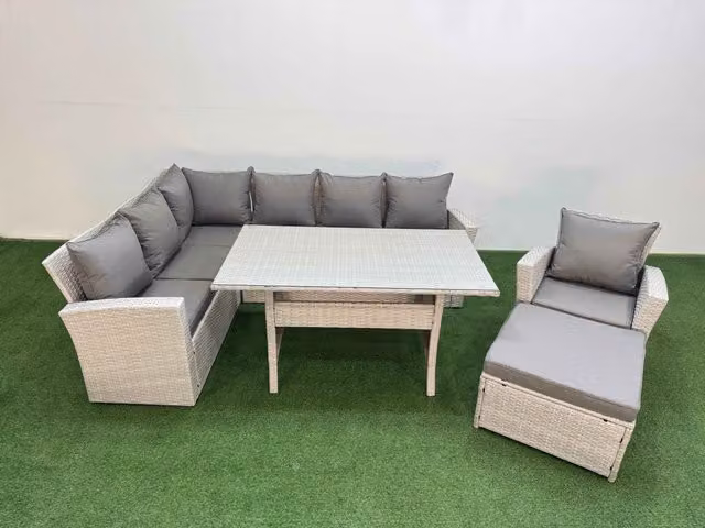 Fimous 8 Seater Rattan Garden Furniture Set with Dining Table, Chairs and Footstool in Light Grey