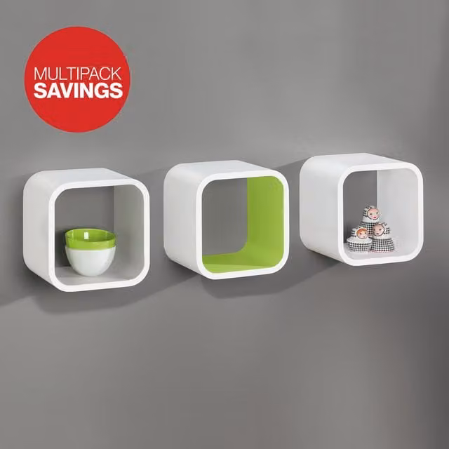 RBUK 2 Pack Wall Mounted Cube Shelves in Grey and Green MDF